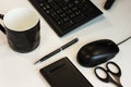 Business still life: keyboard, mouse, pen, scissors, calculator and cup Royalty Free Stock Photo