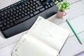 Business still life: a light bulb, a computer keyboard and a desktop flower are drawn in pencil on the table in the workbook, the