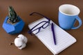 succulent plant in potted in blue concrete pot, glasses,pen , blue cup of drink and opened notebook with Royalty Free Stock Photo