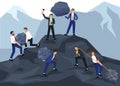 business stones. managers and successful bosses moving and push to mountain strong weight stones. Vector cartoon