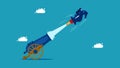 business strategies boosting. Businesswoman flying on a chess horse coming out of a cannon. vector