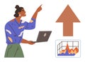 Business Growth and Analytics Concept with Woman Using Laptop, Arrow Symbol and Data Visualization Royalty Free Stock Photo