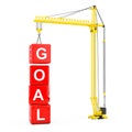 Business Strategy Concept. Red Goal Cubes Construction with Tower Crane. 3d Rendering Royalty Free Stock Photo