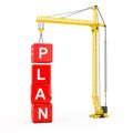 Business Strategy Concept. Red Plan Cubes Construction with Tower Crane. 3d Rendering Royalty Free Stock Photo