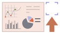Data Analytics Dashboard with Bar Graph, Line Chart, Pie Chart, and Upload Arrow Icon Royalty Free Stock Photo