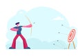 Business Strategy and Goals Achievement Concept. Businessman Archer Shooting to Huge Target Holding Bow with Arrow