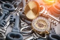 Business strategy with golden compass and grey and silver keys Royalty Free Stock Photo