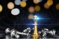 Business Strategy. golden king surrounded with silver chess pieces on chess board game competition with graphic network link