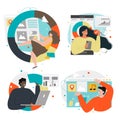 Business strategy set, vector isolated illustration. Business goal, development, achievements, success, data analysis.