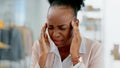 Business, stress and black woman with headache in office frustrated by brain fog, pain or crisis. Anxiety, face and