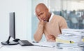 Business stress, pile of paperwork and black man overworked, exhausted and tired in office. Burnout, stack of documents Royalty Free Stock Photo