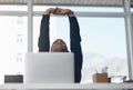 Business, stretching and man in office with laptop, glasses and calm HR consultant at desk. Relax, breathe and Royalty Free Stock Photo