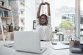 Business, stretching and woman in office with laptop, glasses and calm HR consultant at desk. Relax, breathe and girl at Royalty Free Stock Photo