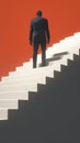 Business success businessman stands triumphantly on staircase, achieving goals