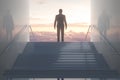 Business success businessman stands triumphantly on staircase, achieving goals