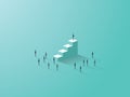 Business success concept with businessman standing on top of stairs, tiny businessmen around.