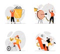 Business success concept with character set. Collection of scenes people increase company revenue at graphs, achieve goals and Royalty Free Stock Photo