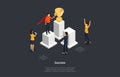 Business Success Concept Illustration In Isometric Cartoon Style. 3D Vector Composition Of Male And Female Characters