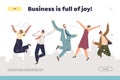 Business success concept of landing page with group of businesspeople jumping celebrating success