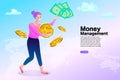 Business success concept. Marketing online. Money rain illustration. The woman jumping under the falling money. Vector illustratio