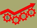 Business success concept. Red arrow up and gears with symbols br Royalty Free Stock Photo