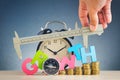 Stacking coins and word GROWTH on wooden desk over beautiful reverberation gradient background