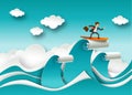 Business success concept vector poster in paper art origami style. Businessman surfing on a top of the wave. Sea waves Royalty Free Stock Photo
