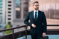 Business success, financial strategy. Businessman in front of office. Handsome businessman. Business portrait of serious Royalty Free Stock Photo