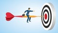 Man riding on arrow to dartboard. Vector illustration.