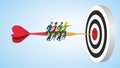 People riding on arrow to dartboard. Vector illustration. Royalty Free Stock Photo