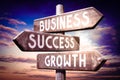 Business, success, growth - wooden signpost, roadsign with three arrows Royalty Free Stock Photo