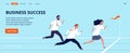 Business success landing page. Office workers run to finish line. Group of top managers, leadership vector web banner Royalty Free Stock Photo