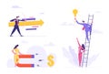 Business Success, Leadership, Goal Achievement Concept Set, Businessman with Arrow, Woman Attracting Money with Magnet