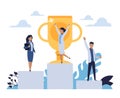 Business success. People standing on winner stepped pedestal. Leadership concept. Characters achieve victory in Royalty Free Stock Photo