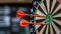 Business success red dart hits bullseye, symbolizing investment goal and opportunity challenge