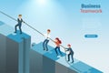 Business success teamwork, collaboration, partnerships, and problem solving strategy. Businessman leader pull rope help partners