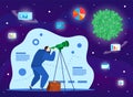 Business success vision vector illustration, cartoon businessman looking at successful money planet through telescope Royalty Free Stock Photo