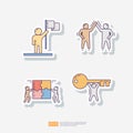 business success winner, teamwork partner high five, puzzle team, businessman hold key solution. sticker icon set. Team work Royalty Free Stock Photo