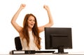 Business success - woman gestures victori with her arms up in th Royalty Free Stock Photo