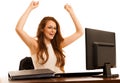 Business success - woman gestures victori with her arms up in th Royalty Free Stock Photo