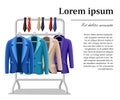 Business suit mens jacket four jackets of different colors and types blue green violet beige ties of different colors on a hanger