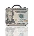 Business suitcase for travel with reflection and 20 dollars note