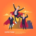 Business super team. Strong businessmen in superhero suits on skyscrapers backdrop superheros employee staff vector