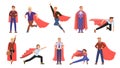 Business superhero. Heroes in office suits, businessman wear red super cape. Leader characters, isolated cartoon person