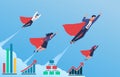 Business superheroes progress. Flying in blue sky men and women in flowing capes and suits, growth graphs on background