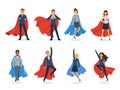 Business superheroes. Successful managers and bosses male and female professional vector characters in superhero cape