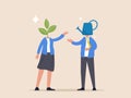 Business support concept. Mentor to help career growth, coaching or education for growth mindset, growing seedling plant Royalty Free Stock Photo