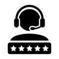 Business support icon vector male customer care service person profile avatar with a headphone and a star rating for online