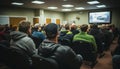 Business symposium speaker giving talk, audience in conference hall, rear view of participant