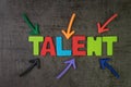 Business talent finding, recruitment for HR, Human Resource concept, colorful arrows pointing to alphabet TALENT at the center